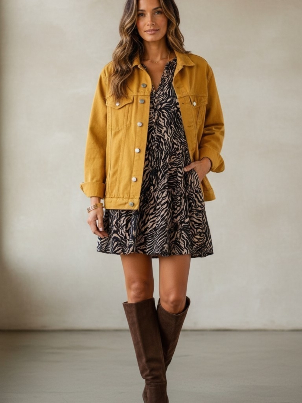 H&M Stylish Casual Denim GoldMustard Utility Chic Jacket Pockets - Women Size 8